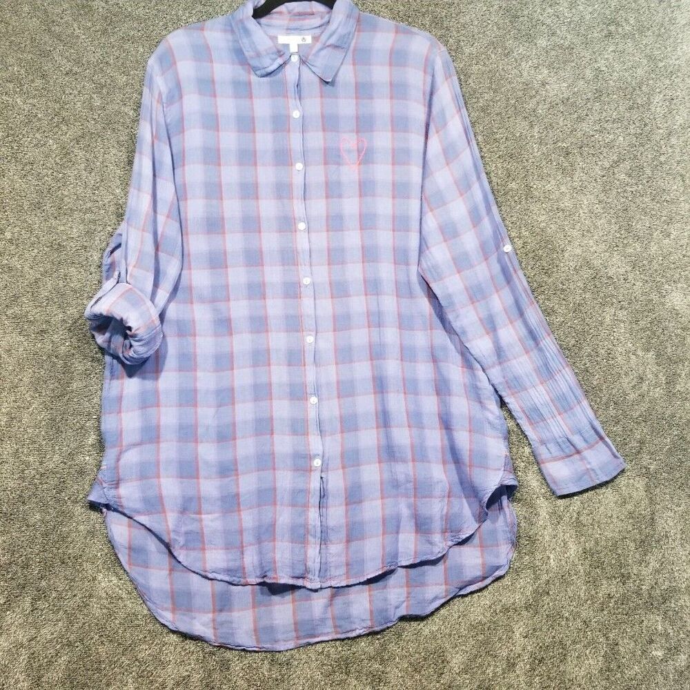 Sundry 1 Small Tunic Top Button Front Lightweight Roll Tab Sleeve Purple Plaid